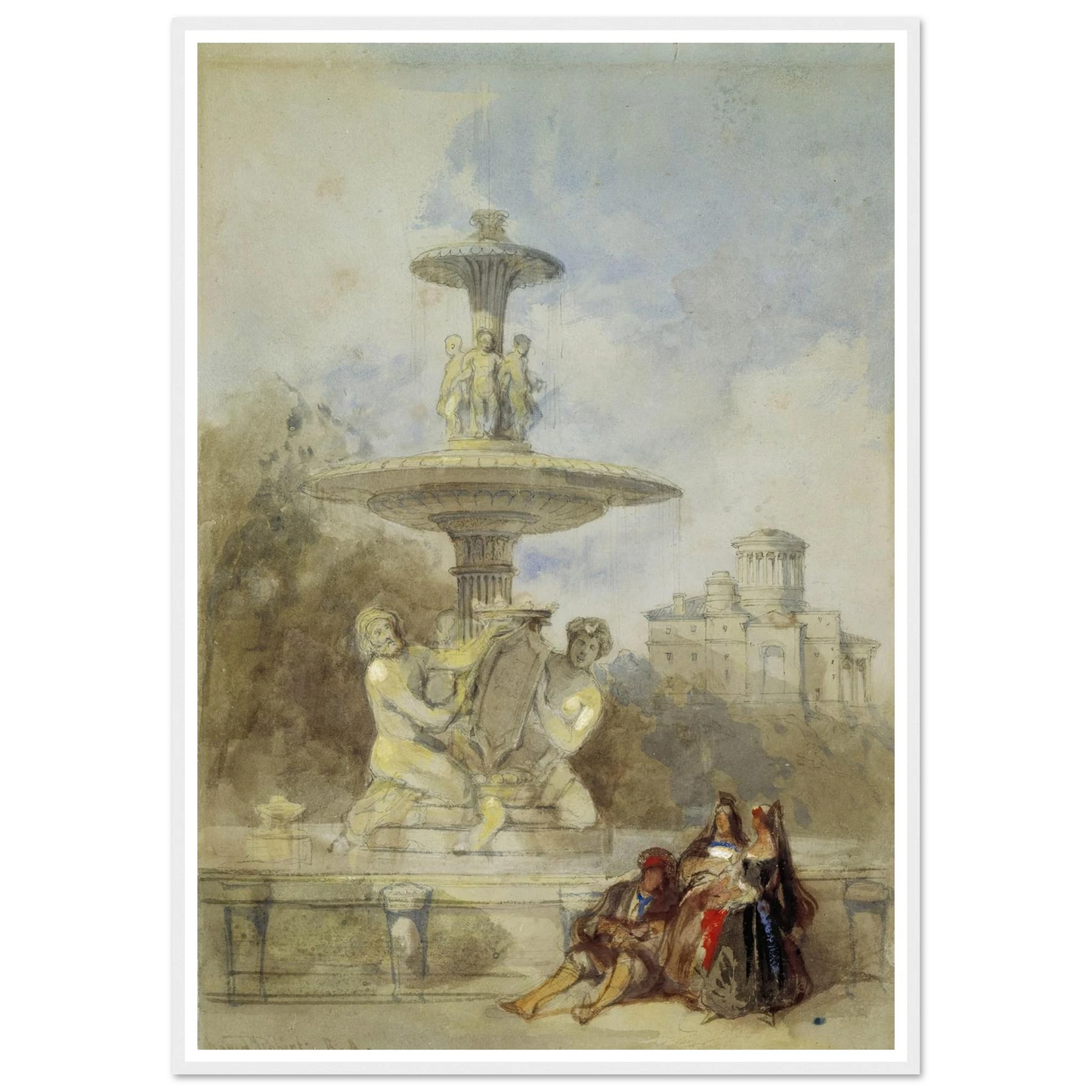 The Fountain on the Prado, Madrid (circa 1837) Art Print | David Roberts - Framed Poster - 30x40 cm / 12x16″ - Black frame