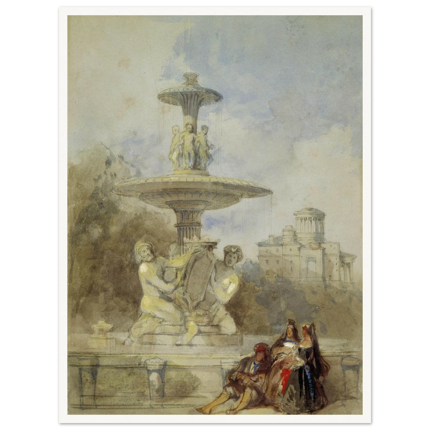 The Fountain on the Prado, Madrid (circa 1837) Art Print | David Roberts - Framed Poster - 30x40 cm / 12x16″ - Black frame