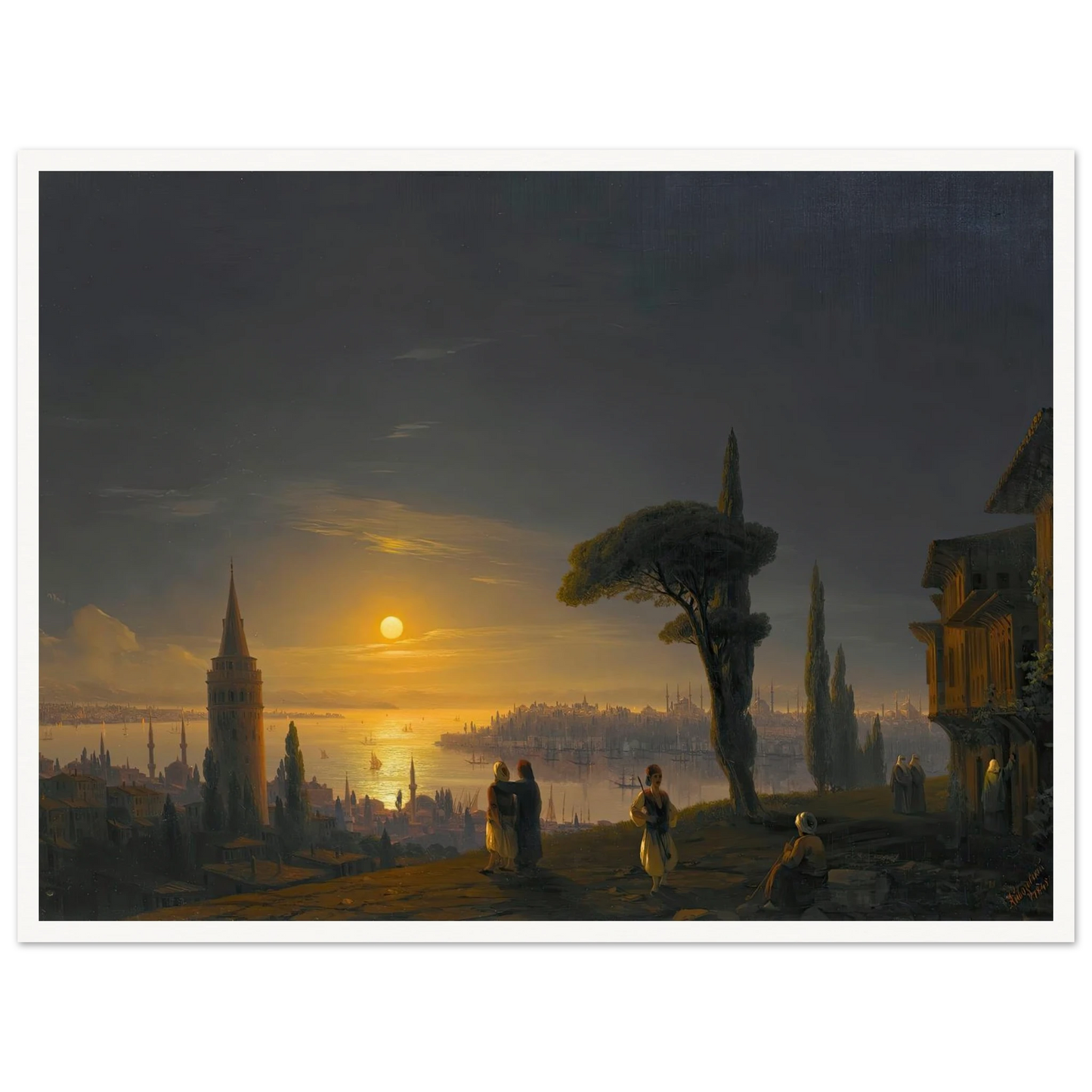 The Galata Tower By Moonlight ( 1845) Art Print | Ivan Konstantinovich Aivazovsky - Framed Poster - 30x40 cm / 12x16″ - Black frame
