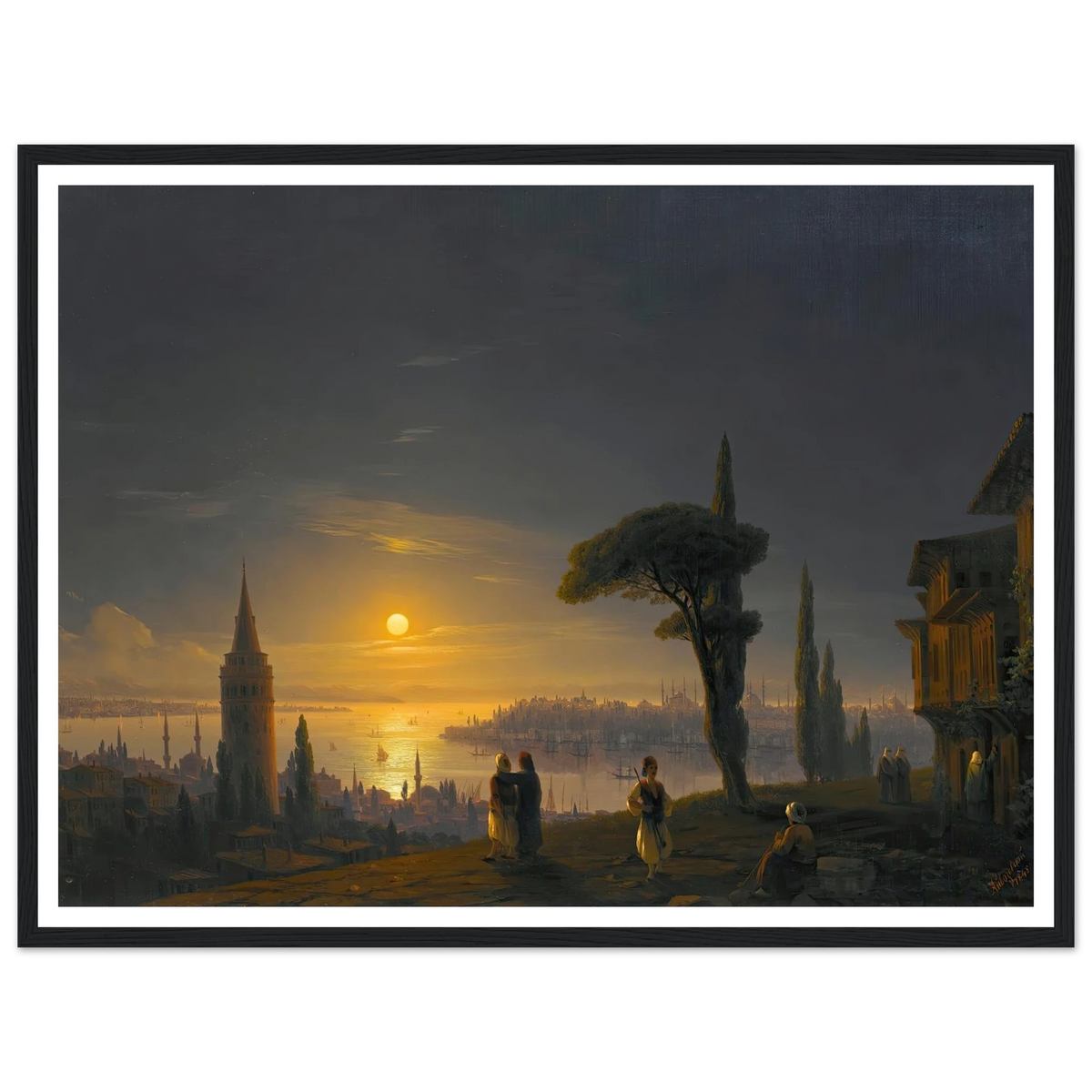The Galata Tower By Moonlight ( 1845) Art Print | Ivan Konstantinovich Aivazovsky - Framed Poster - 30x40 cm / 12x16″ - Black frame