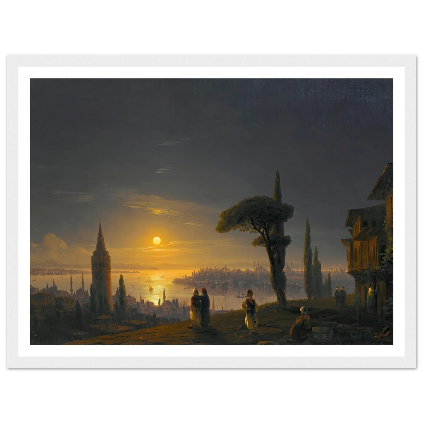 The Galata Tower By Moonlight ( 1845) Art Print | Ivan Konstantinovich Aivazovsky - Framed Poster - 30x40 cm / 12x16″ - Black frame