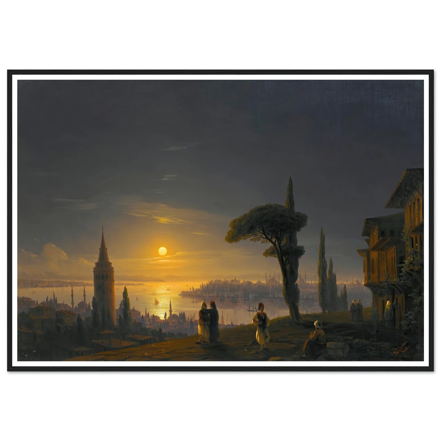 The Galata Tower By Moonlight ( 1845) Art Print | Ivan Konstantinovich Aivazovsky - Framed Poster - 30x40 cm / 12x16″ - Black frame
