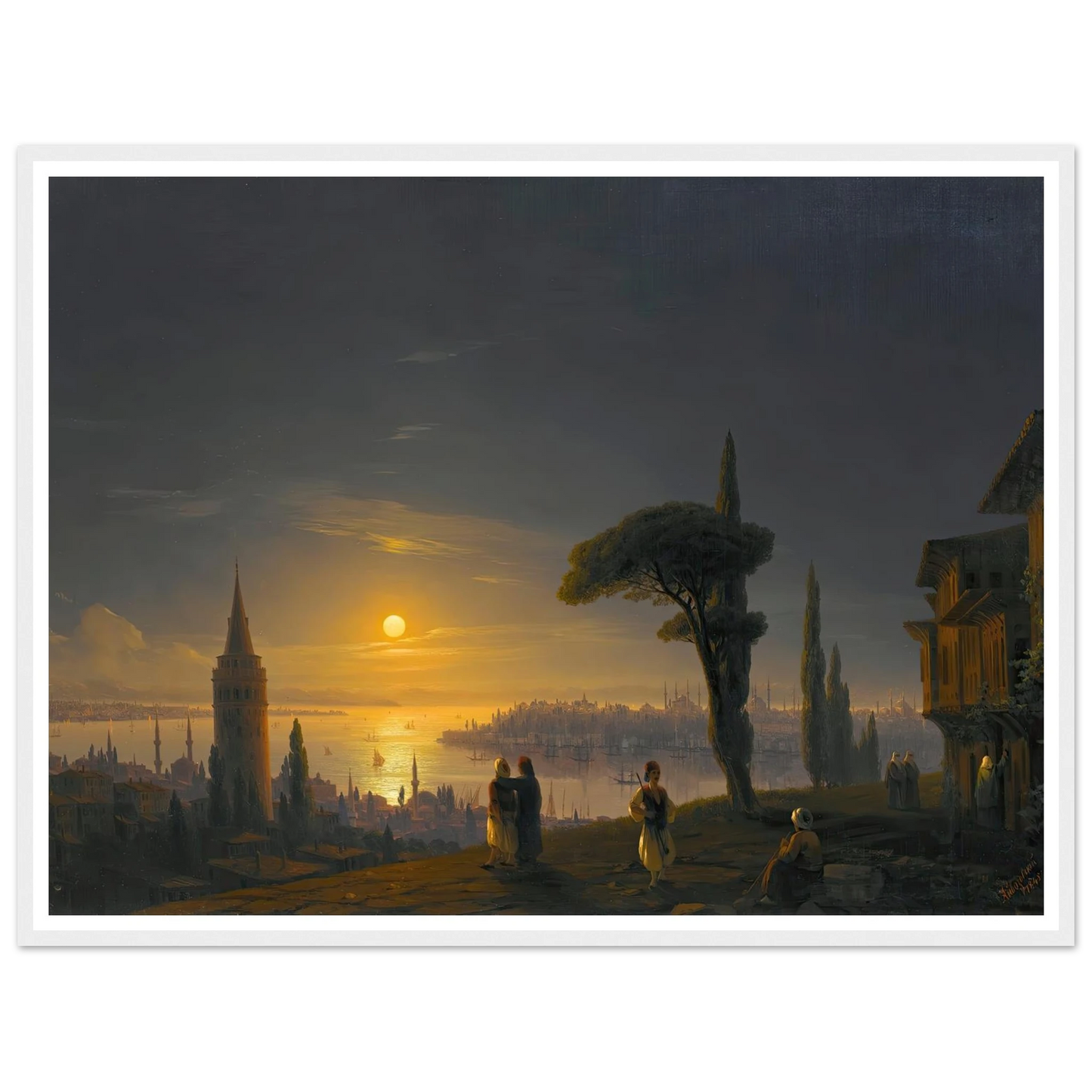 The Galata Tower By Moonlight ( 1845) Art Print | Ivan Konstantinovich Aivazovsky - Framed Poster - 30x40 cm / 12x16″ - Black frame