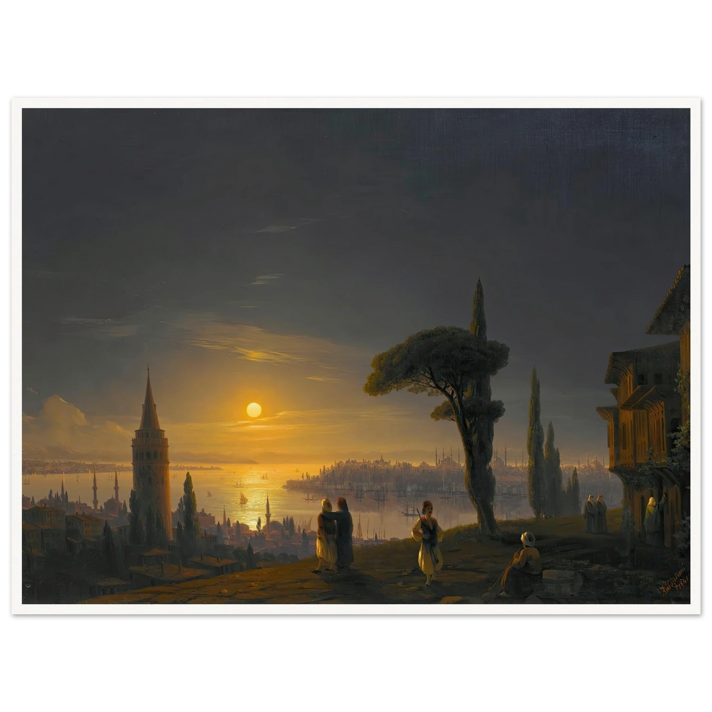 The Galata Tower By Moonlight ( 1845) Art Print | Ivan Konstantinovich Aivazovsky - Framed Poster - 30x40 cm / 12x16″ - Black frame