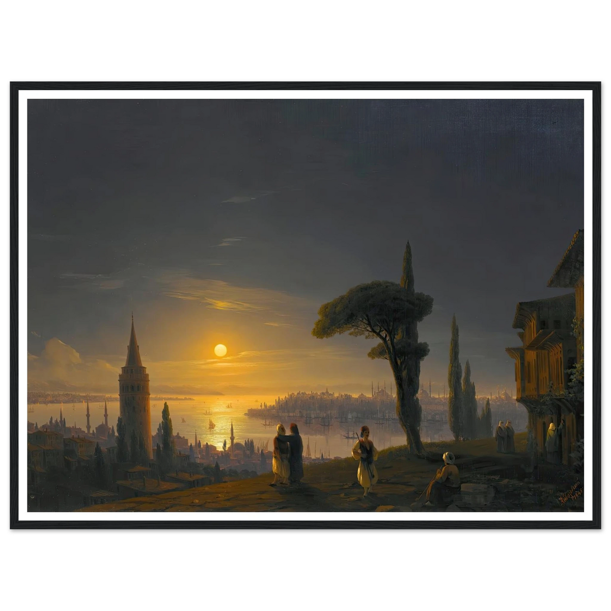 The Galata Tower By Moonlight ( 1845) Art Print | Ivan Konstantinovich Aivazovsky - Framed Poster - 30x40 cm / 12x16″ - Black frame