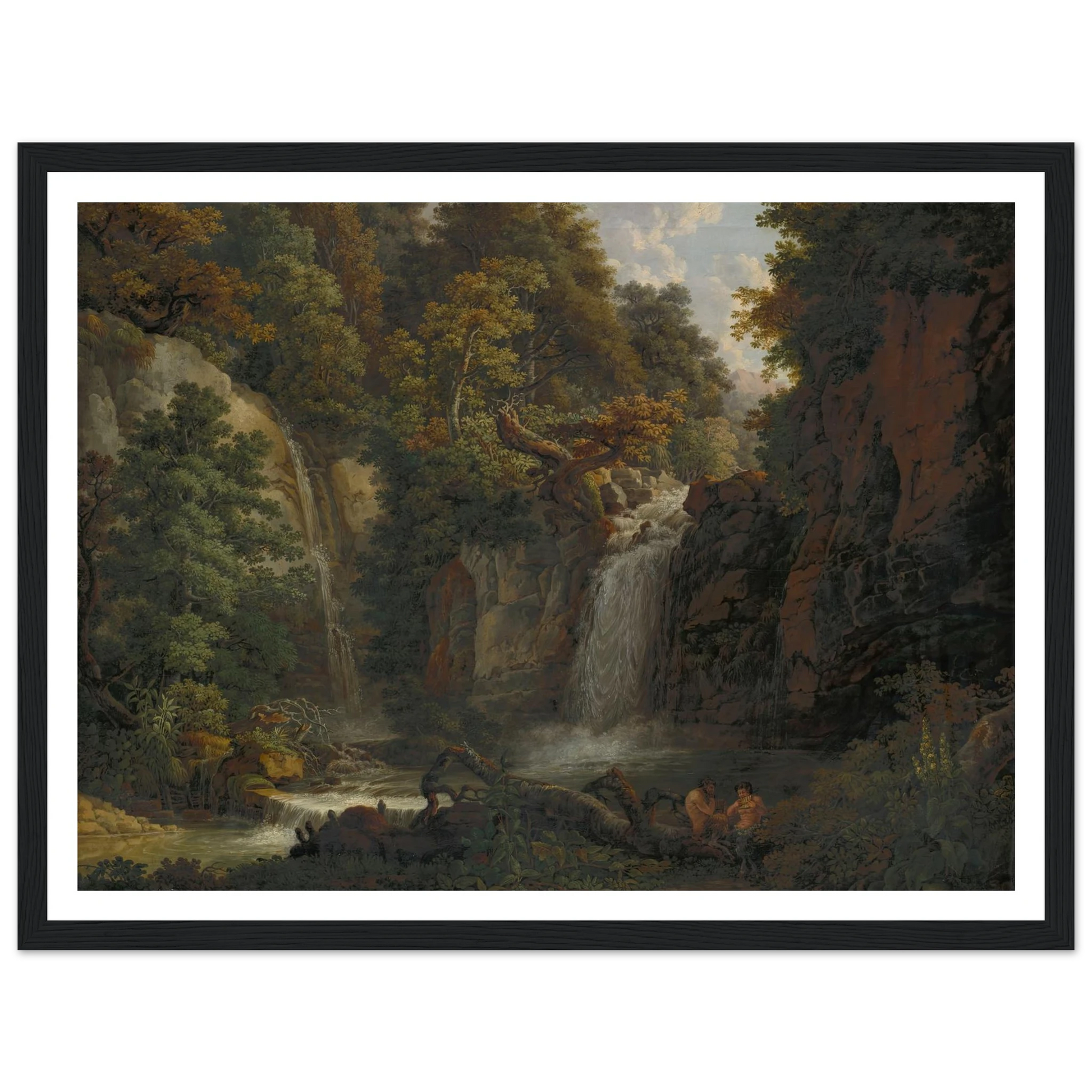 The Giessen near Zeglingen with Two Satyrs Playing the Panflute Art Print | Peter Birmann - Framed Poster - 30x40 cm / 12x16″ - Black frame