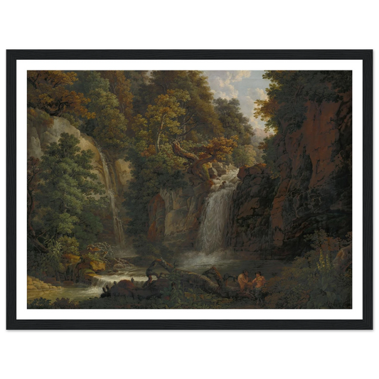 The Giessen near Zeglingen with Two Satyrs Playing the Panflute Art Print | Peter Birmann - Framed Poster - 30x40 cm / 12x16″ - Black frame