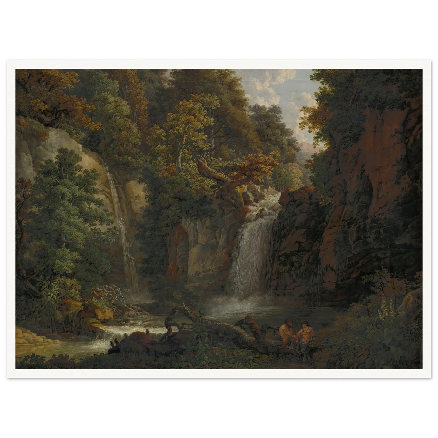 The Giessen near Zeglingen with Two Satyrs Playing the Panflute Art Print | Peter Birmann - Framed Poster - 30x40 cm / 12x16″ - Black frame