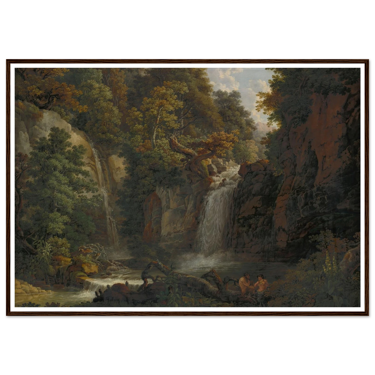The Giessen near Zeglingen with Two Satyrs Playing the Panflute Art Print | Peter Birmann - Framed Poster - 30x40 cm / 12x16″ - Black frame