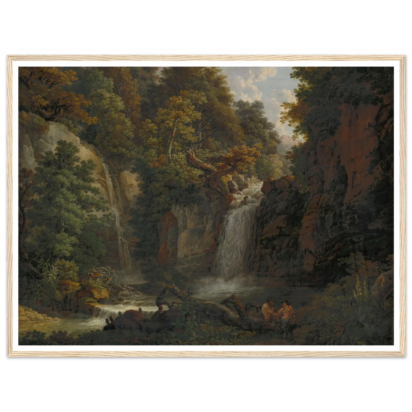 The Giessen near Zeglingen with Two Satyrs Playing the Panflute Art Print | Peter Birmann - Framed Poster - 30x40 cm / 12x16″ - Black frame