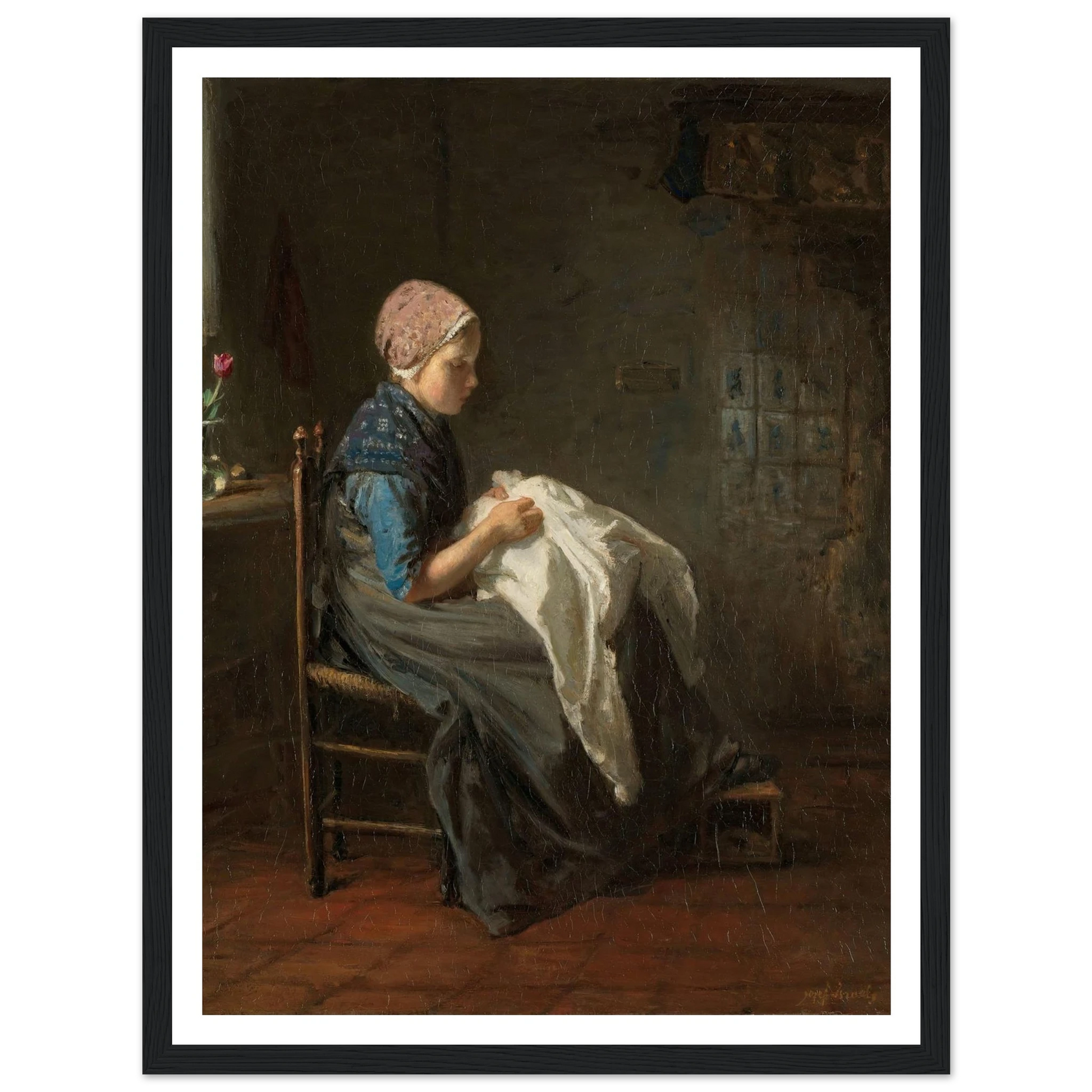 ‘The Little Seamstress’ (1850 - 1888) Art Print | Jozef Israels - Framed Poster - 30x40 cm / 12x16″ - Black frame