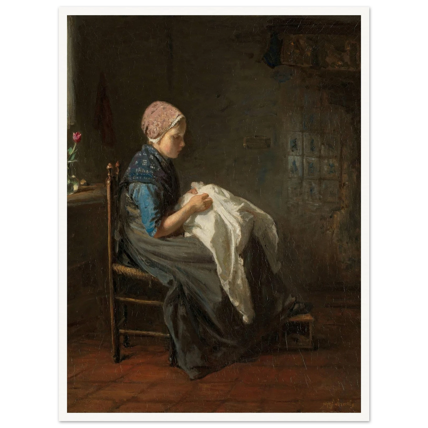 ‘The Little Seamstress’ (1850 - 1888) Art Print | Jozef Israels - Framed Poster - 30x40 cm / 12x16″ - Black frame