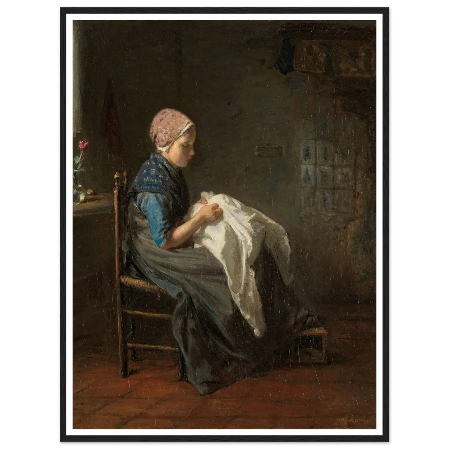 ‘The Little Seamstress’ (1850 - 1888) Art Print | Jozef Israels - Framed Poster - 30x40 cm / 12x16″ - Black frame