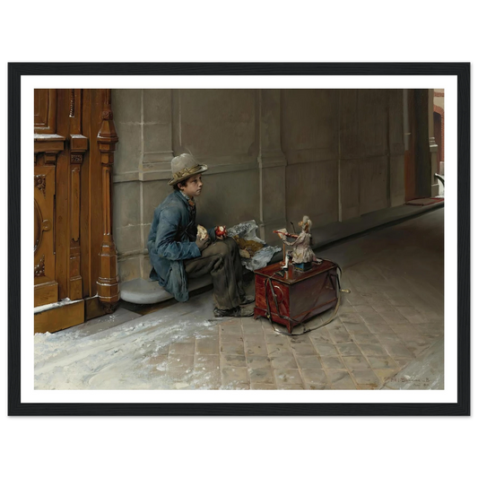 The petit savoyard eating in front of an entrance to a house (1877) Art Print | Pascal Adolphe Jean Dagnan Bouveret - Framed Poster - 30x40 cm / 12x16″ - Black frame