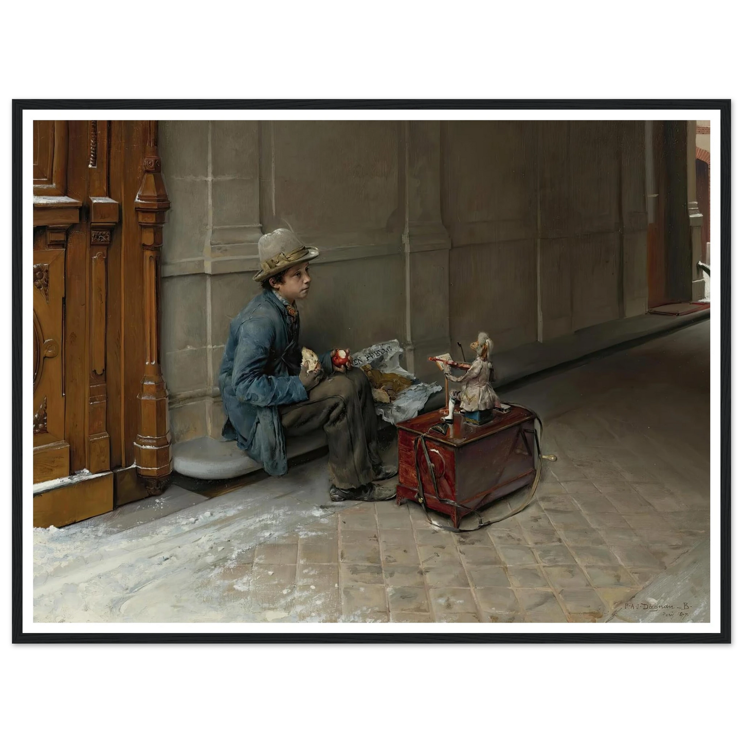 The petit savoyard eating in front of an entrance to a house (1877) Art Print | Pascal Adolphe Jean Dagnan Bouveret - Framed Poster - 30x40 cm / 12x16″ - Black frame