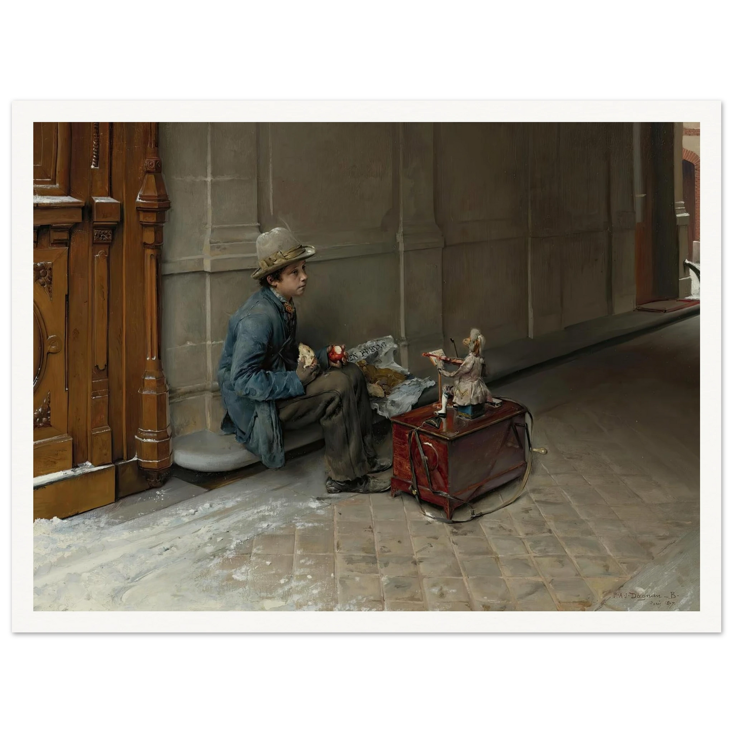 The petit savoyard eating in front of an entrance to a house (1877) Art Print | Pascal Adolphe Jean Dagnan Bouveret - Framed Poster - 30x40 cm / 12x16″ - Black frame