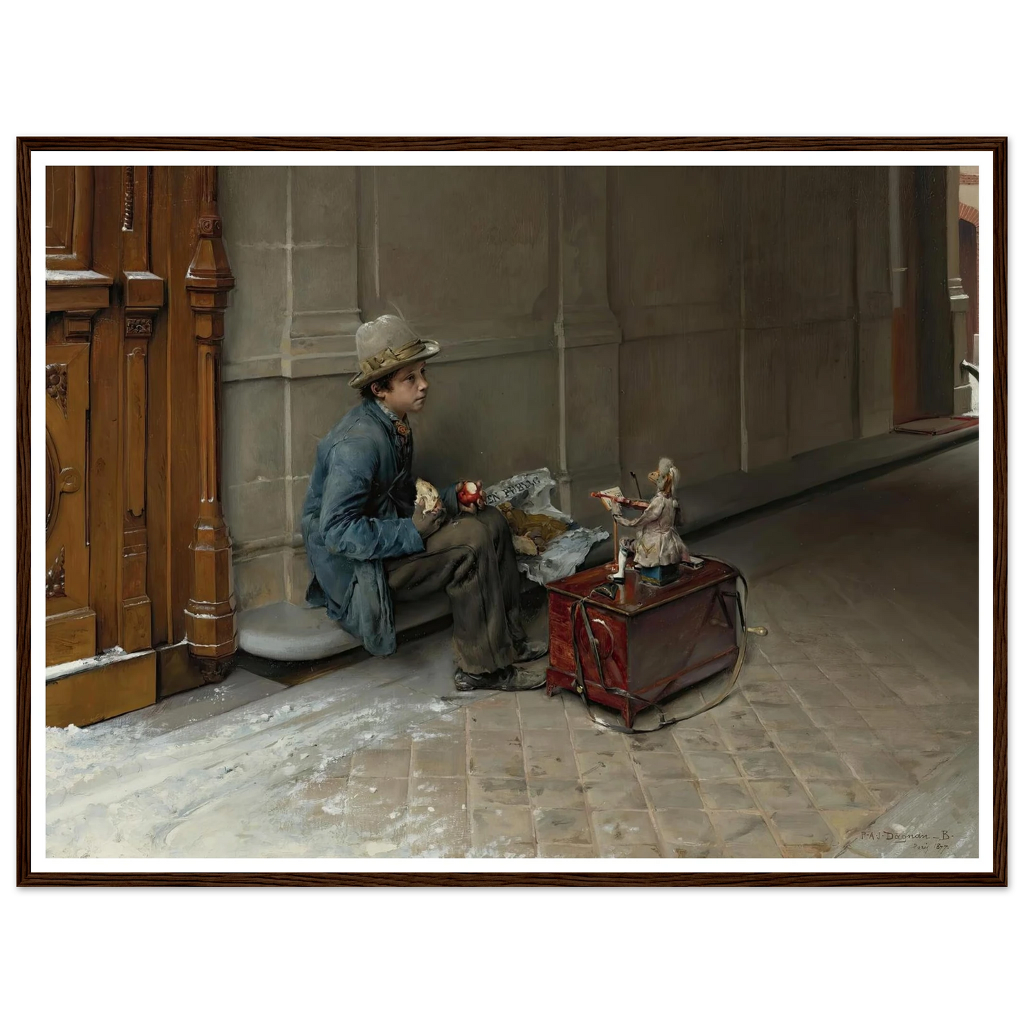 The petit savoyard eating in front of an entrance to a house (1877) Art Print | Pascal Adolphe Jean Dagnan Bouveret - Framed Poster - 30x40 cm / 12x16″ - Black frame