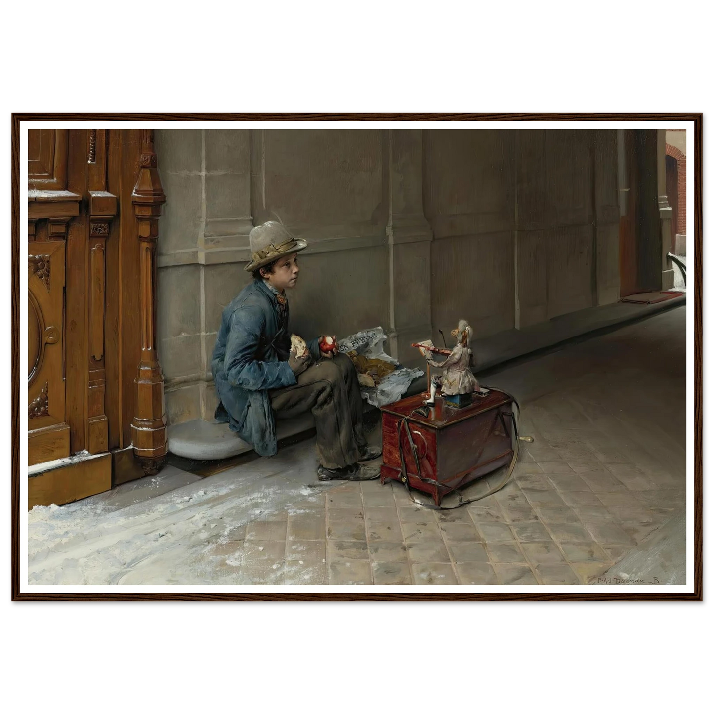 The petit savoyard eating in front of an entrance to a house (1877) Art Print | Pascal Adolphe Jean Dagnan Bouveret - Framed Poster - 30x40 cm / 12x16″ - Black frame