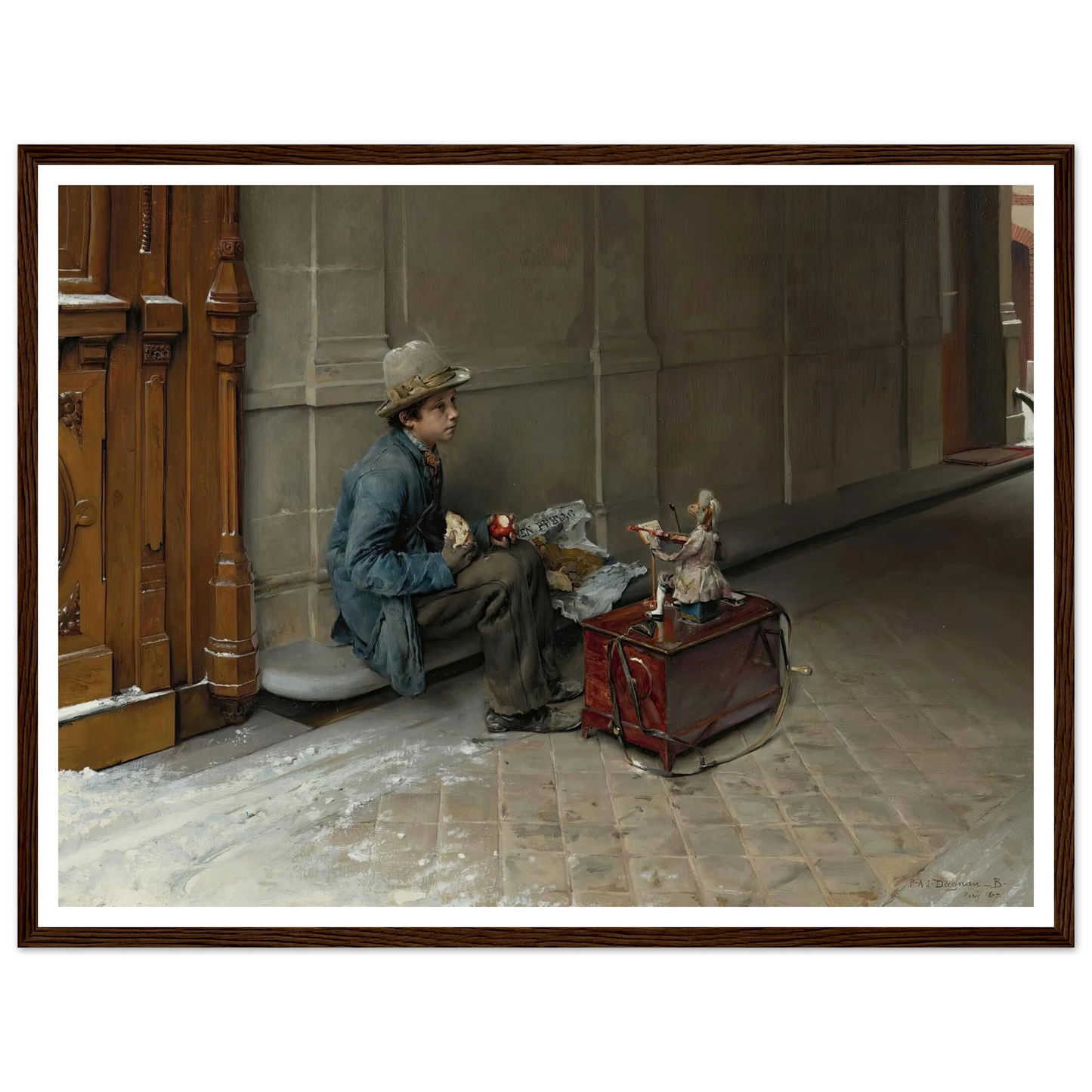 The petit savoyard eating in front of an entrance to a house (1877) Art Print | Pascal Adolphe Jean Dagnan Bouveret - Framed Poster - 30x40 cm / 12x16″ - Black frame