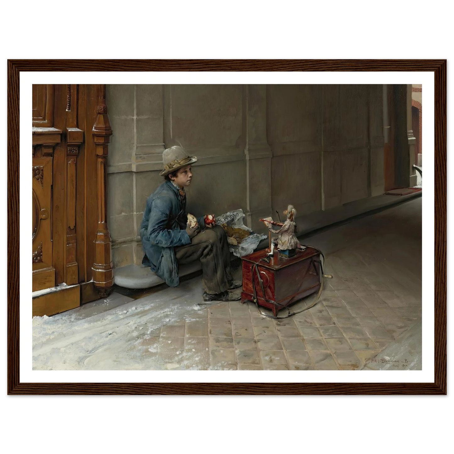 The petit savoyard eating in front of an entrance to a house (1877) Art Print | Pascal Adolphe Jean Dagnan Bouveret - Framed Poster - 30x40 cm / 12x16″ - Black frame