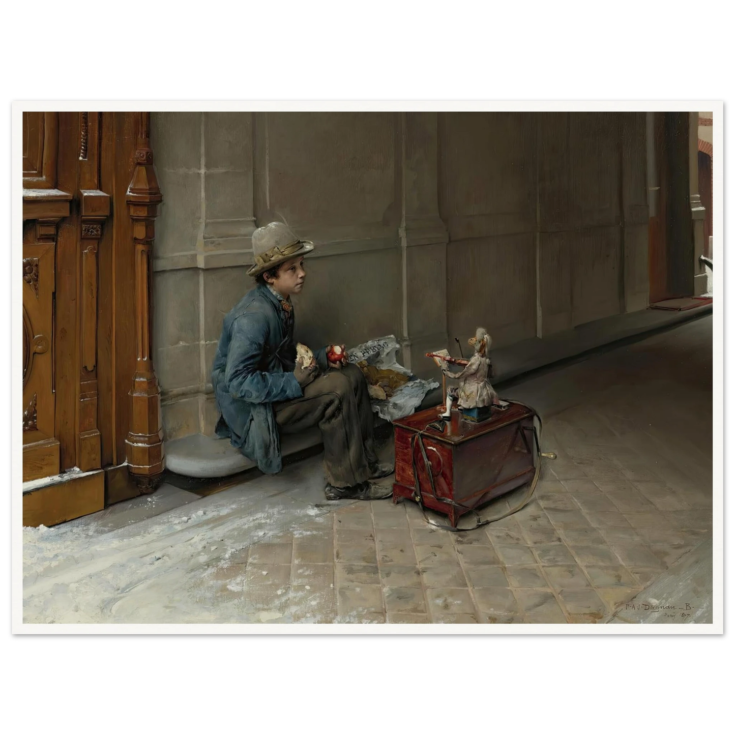 The petit savoyard eating in front of an entrance to a house (1877) Art Print | Pascal Adolphe Jean Dagnan Bouveret - Framed Poster - 30x40 cm / 12x16″ - Black frame
