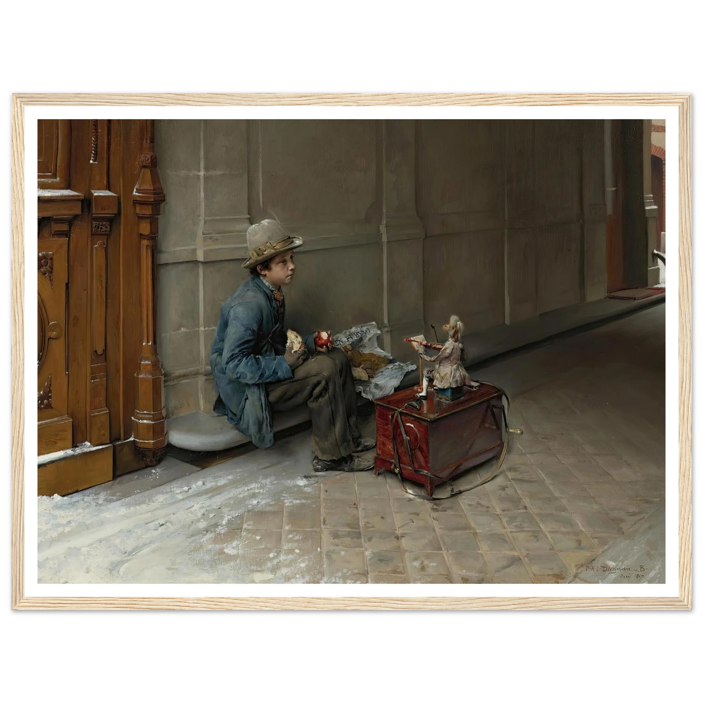 The petit savoyard eating in front of an entrance to a house (1877) Art Print | Pascal Adolphe Jean Dagnan Bouveret - Framed Poster - 30x40 cm / 12x16″ - Black frame