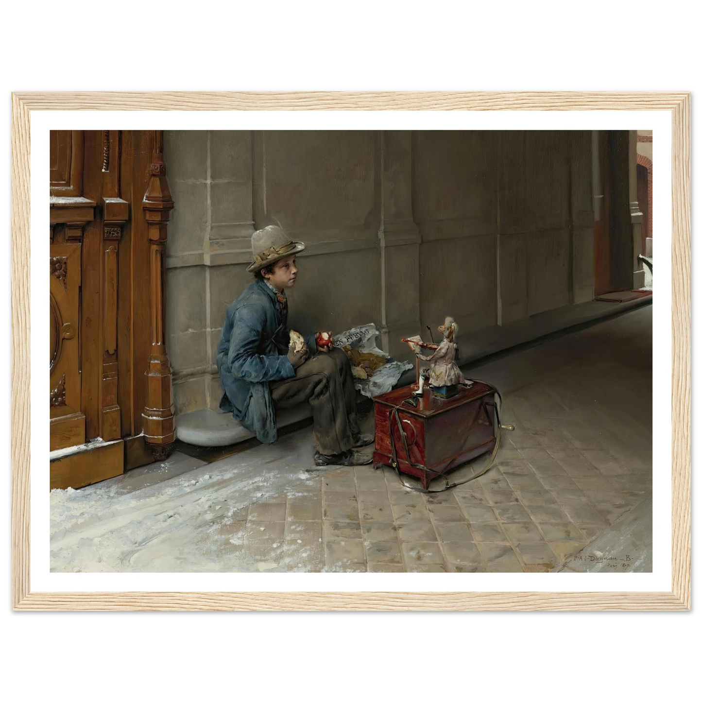 The petit savoyard eating in front of an entrance to a house (1877) Art Print | Pascal Adolphe Jean Dagnan Bouveret - Framed Poster - 30x40 cm / 12x16″ - Black frame