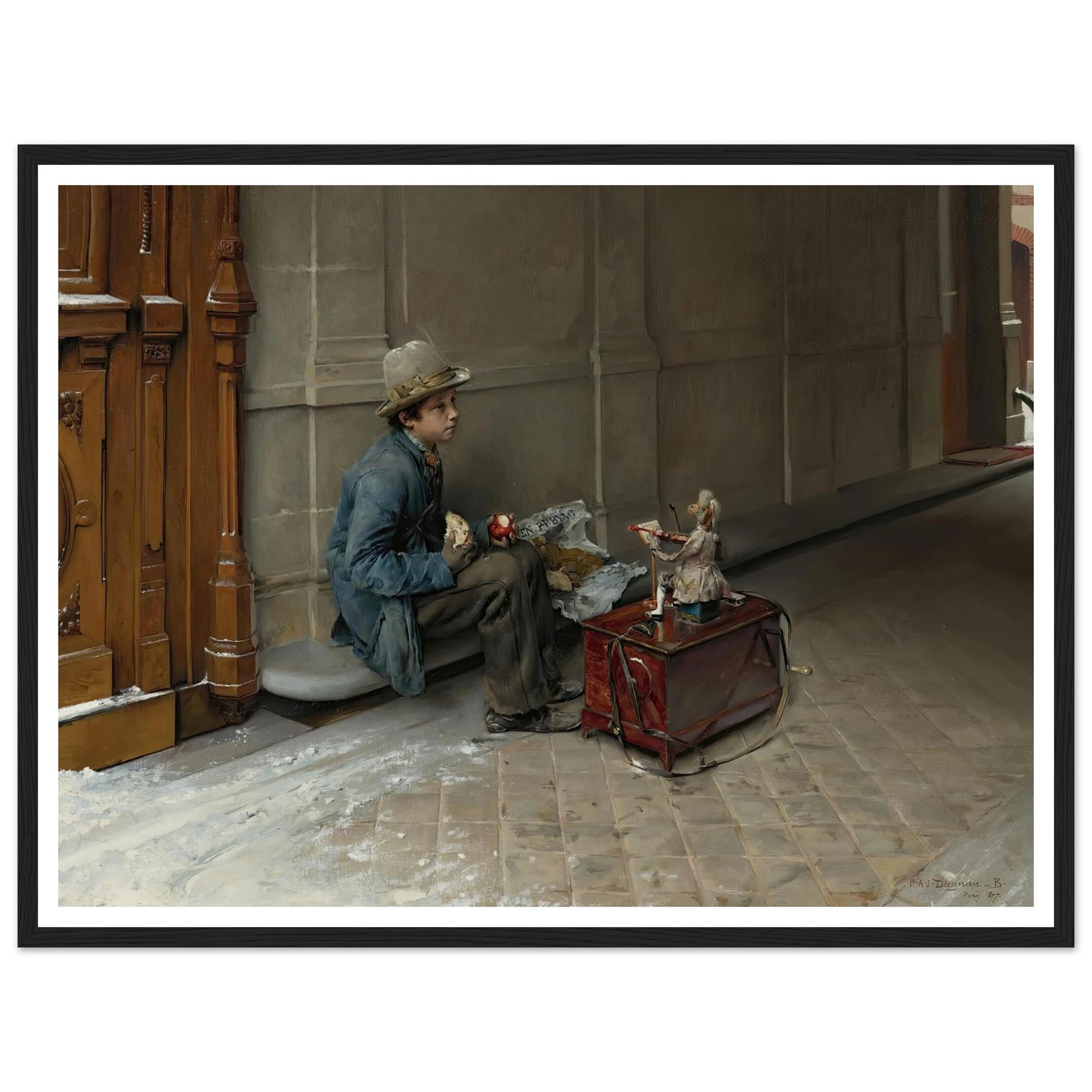 The petit savoyard eating in front of an entrance to a house (1877) Art Print | Pascal Adolphe Jean Dagnan Bouveret - Framed Poster - 30x40 cm / 12x16″ - Black frame