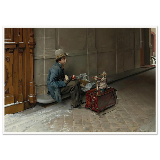 The petit savoyard eating in front of an entrance to a house (1877) Art Print | Pascal Adolphe Jean Dagnan Bouveret - Framed Poster - 30x40 cm / 12x16″ - Black frame