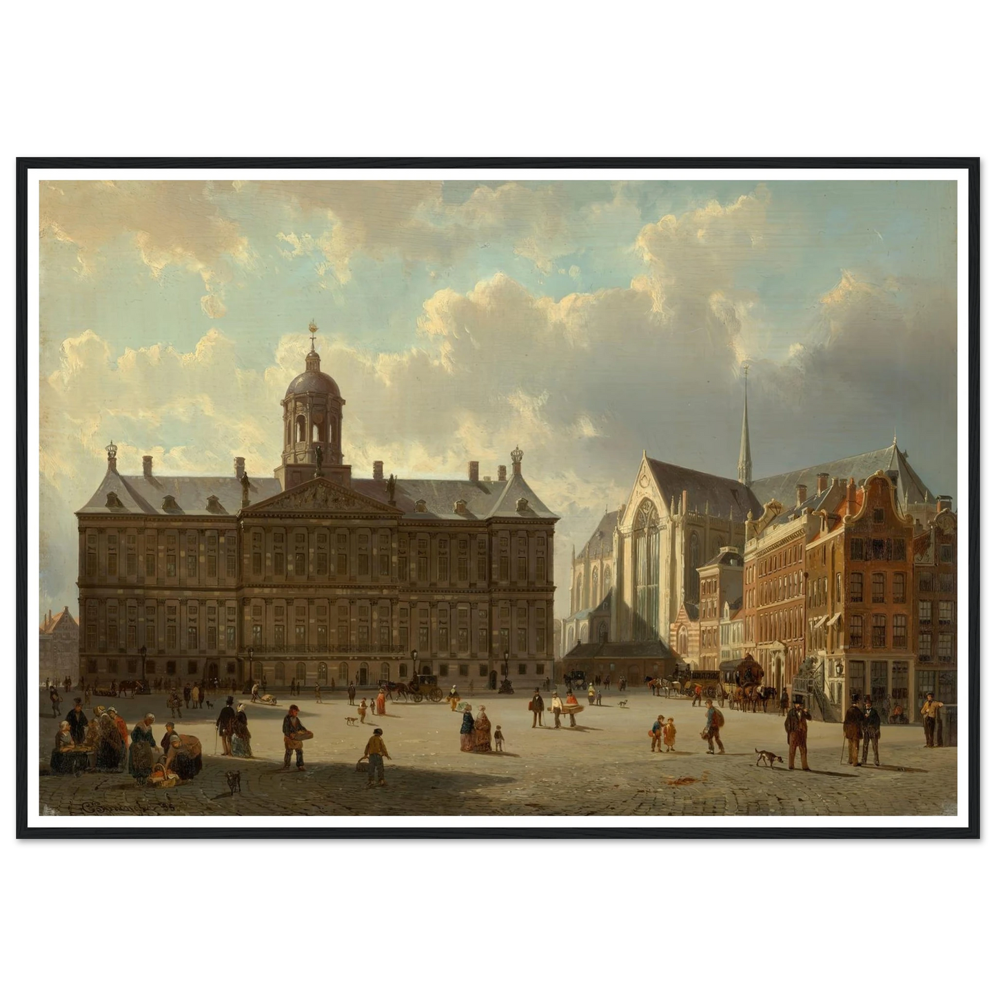 The Royal Palace and the Nieuwe Kerk on the Dam, Amsterdam (1855) Art Print | Cornelis Springer - Framed Poster - 30x40 cm / 12x16″ - Black frame