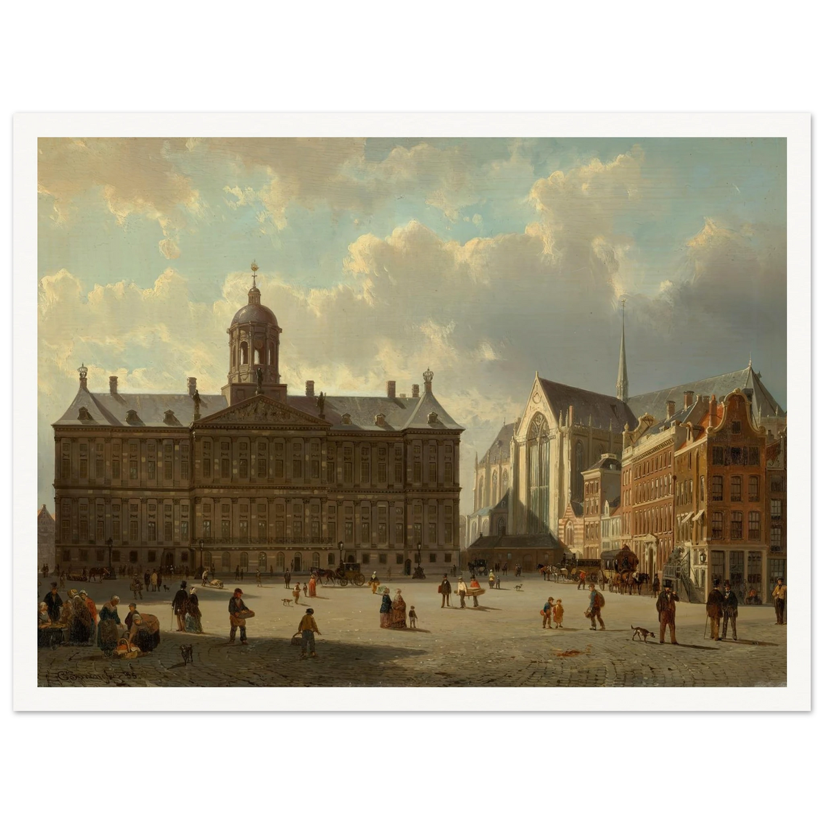 The Royal Palace and the Nieuwe Kerk on the Dam, Amsterdam (1855) Art Print | Cornelis Springer - Framed Poster - 30x40 cm / 12x16″ - Black frame