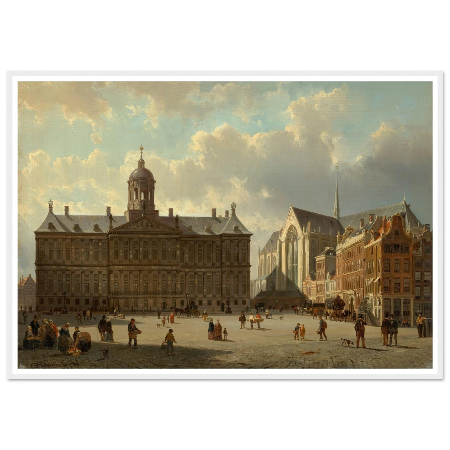 The Royal Palace and the Nieuwe Kerk on the Dam, Amsterdam (1855) Art Print | Cornelis Springer - Framed Poster - 30x40 cm / 12x16″ - Black frame