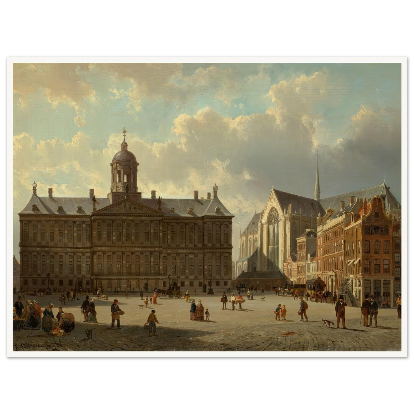 The Royal Palace and the Nieuwe Kerk on the Dam, Amsterdam (1855) Art Print | Cornelis Springer - Framed Poster - 30x40 cm / 12x16″ - Black frame