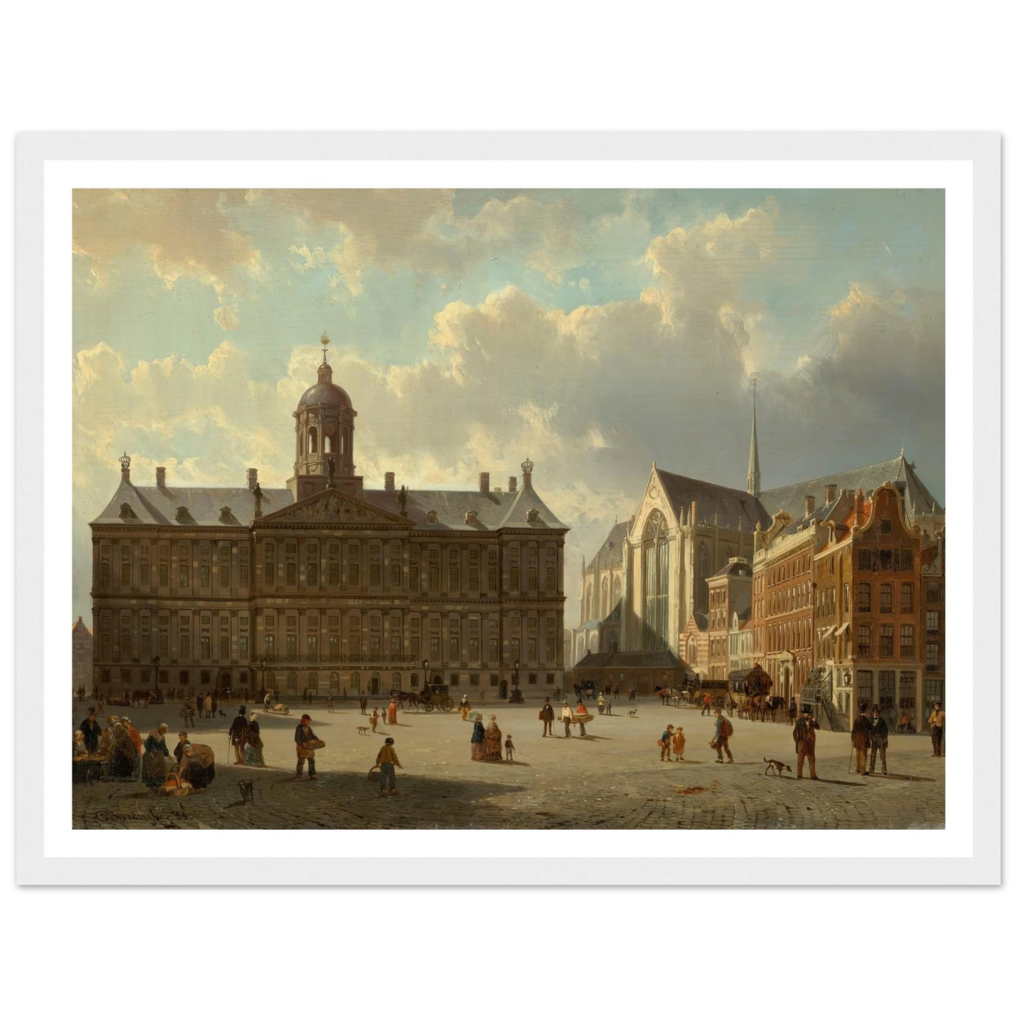 The Royal Palace and the Nieuwe Kerk on the Dam, Amsterdam (1855) Art Print | Cornelis Springer - Framed Poster - 30x40 cm / 12x16″ - Black frame