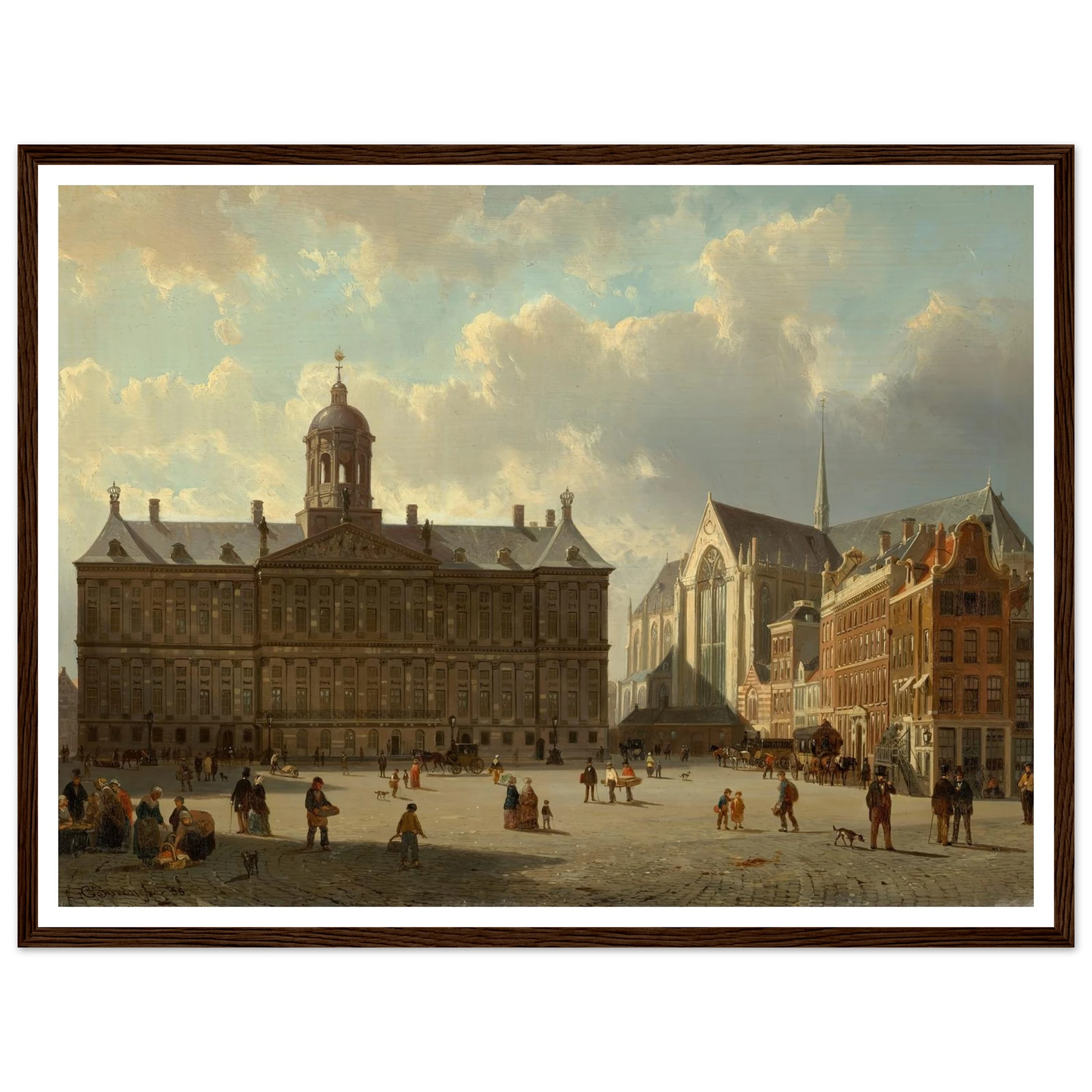 The Royal Palace and the Nieuwe Kerk on the Dam, Amsterdam (1855) Art Print | Cornelis Springer - Framed Poster - 30x40 cm / 12x16″ - Black frame