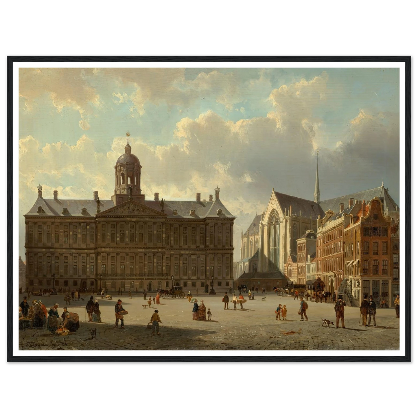 The Royal Palace and the Nieuwe Kerk on the Dam, Amsterdam (1855) Art Print | Cornelis Springer - Framed Poster - 30x40 cm / 12x16″ - Black frame