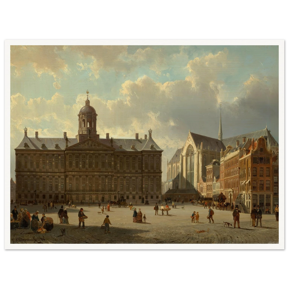 The Royal Palace and the Nieuwe Kerk on the Dam, Amsterdam (1855) Art Print | Cornelis Springer - Framed Poster - 30x40 cm / 12x16″ - Black frame