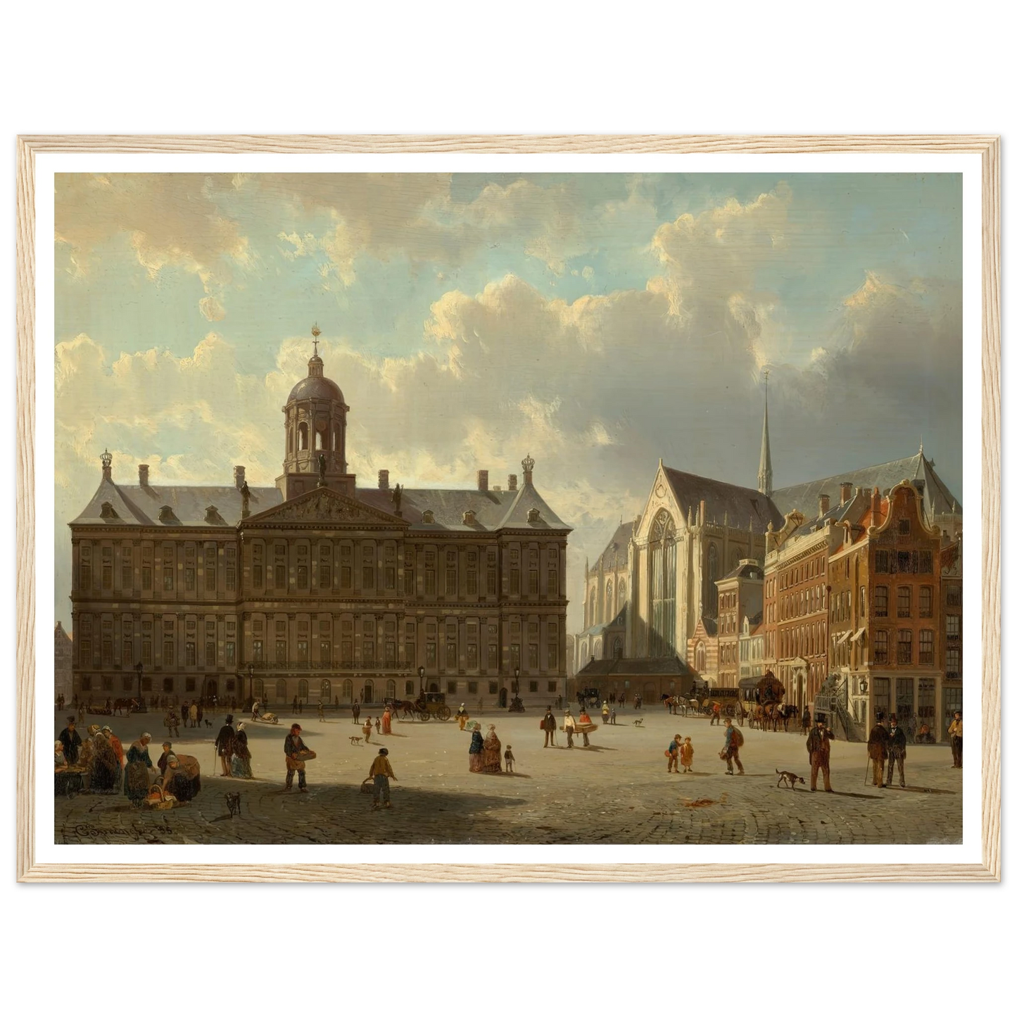 The Royal Palace and the Nieuwe Kerk on the Dam, Amsterdam (1855) Art Print | Cornelis Springer - Framed Poster - 30x40 cm / 12x16″ - Black frame