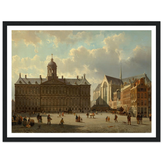 The Royal Palace and the Nieuwe Kerk on the Dam, Amsterdam (1855) Art Print | Cornelis Springer - Framed Poster - 30x40 cm / 12x16″ - Black frame