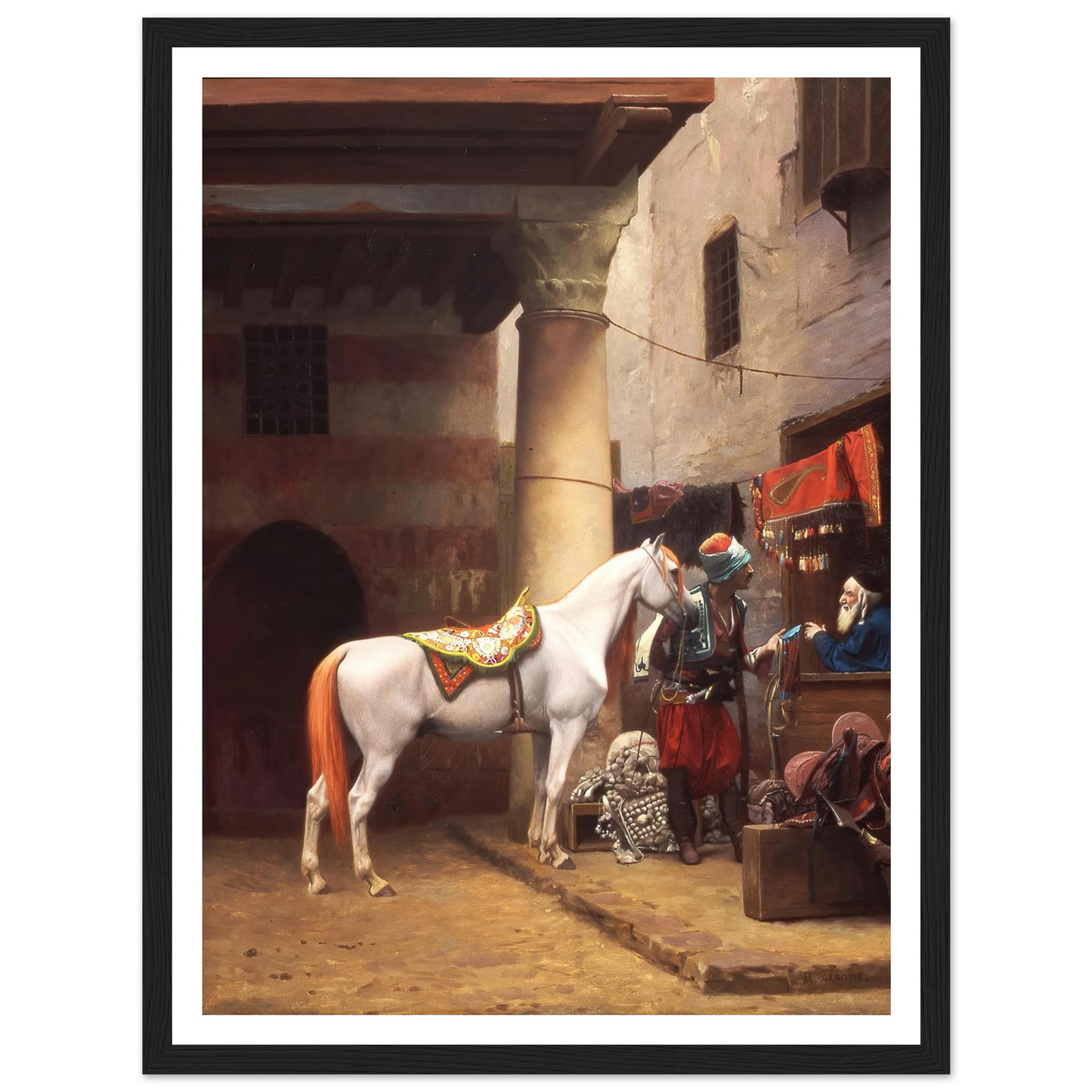 The Saddle Bazaar, Cairo (1883) Art Print | Jean Leon Gerome - Framed Poster - 30x40 cm / 12x16″ - Black frame