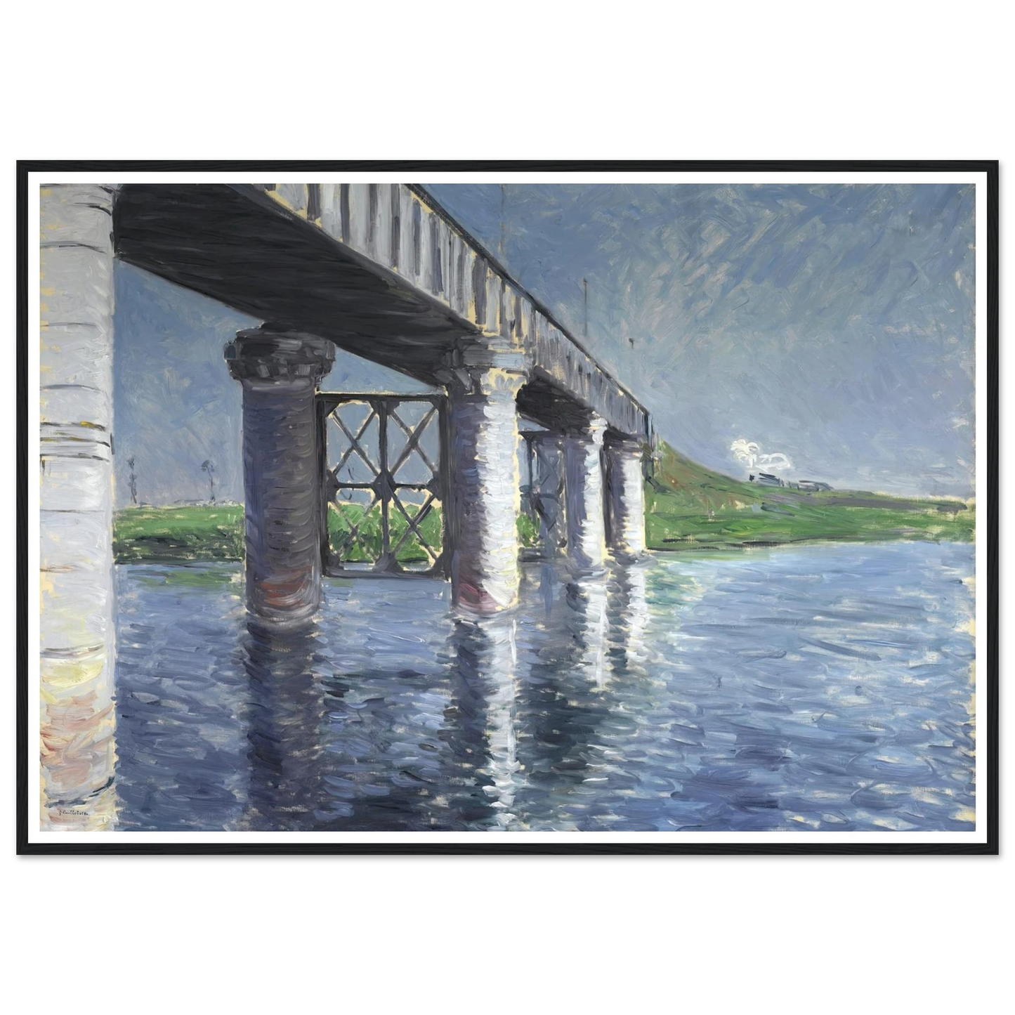 The Seine and the Railroad Bridge at Argenteuil (La Seine et le pont du chemin de fer dArgenteuil) Art Print | Gustave Caillebotte - Framed Poster - 30x40 cm / 12x16″ - Black frame