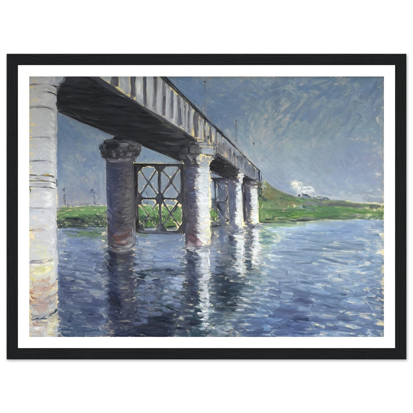 The Seine and the Railroad Bridge at Argenteuil (La Seine et le pont du chemin de fer dArgenteuil) Art Print | Gustave Caillebotte - Framed Poster - 30x40 cm / 12x16″ - Black frame