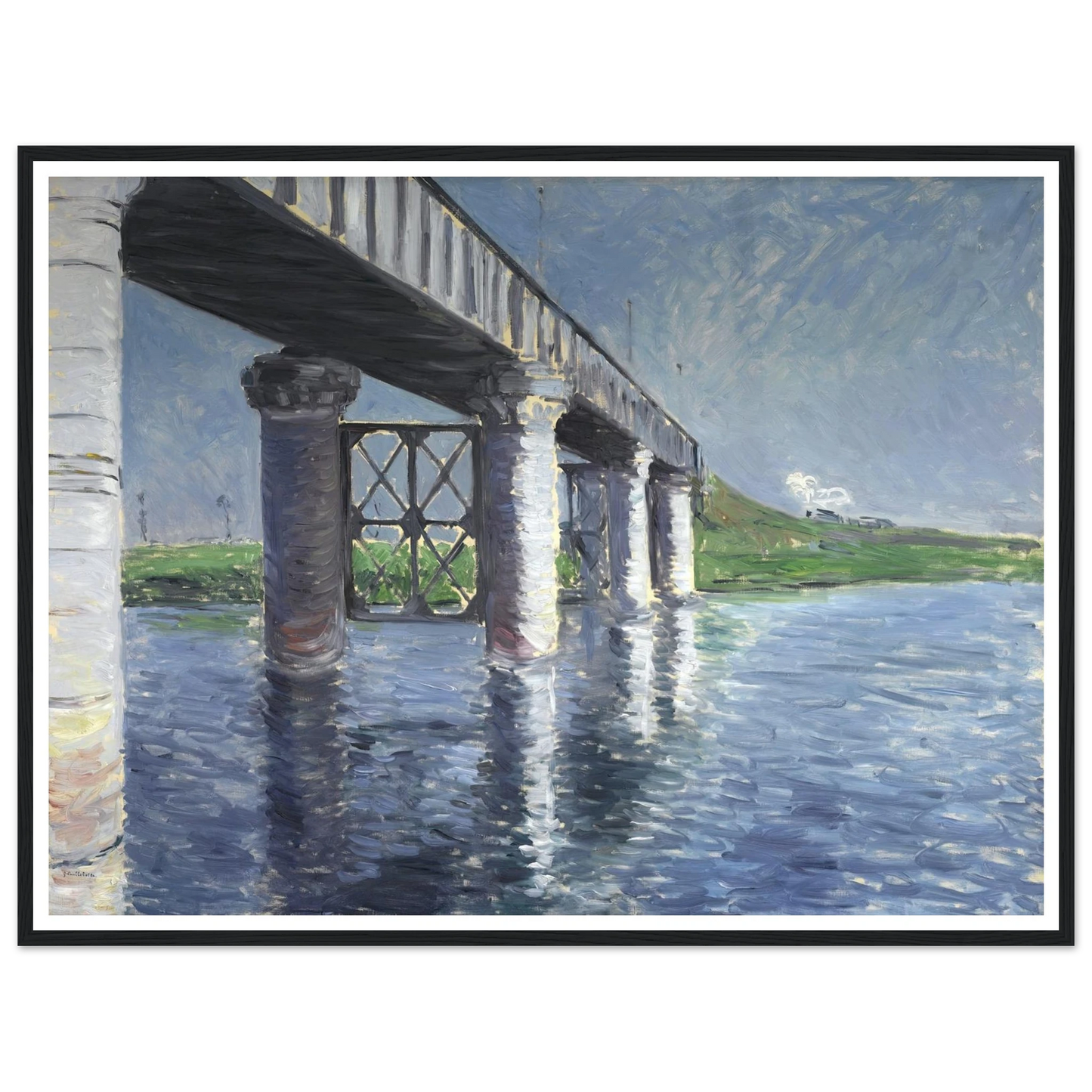 The Seine and the Railroad Bridge at Argenteuil (La Seine et le pont du chemin de fer dArgenteuil) Art Print | Gustave Caillebotte - Framed Poster - 30x40 cm / 12x16″ - Black frame