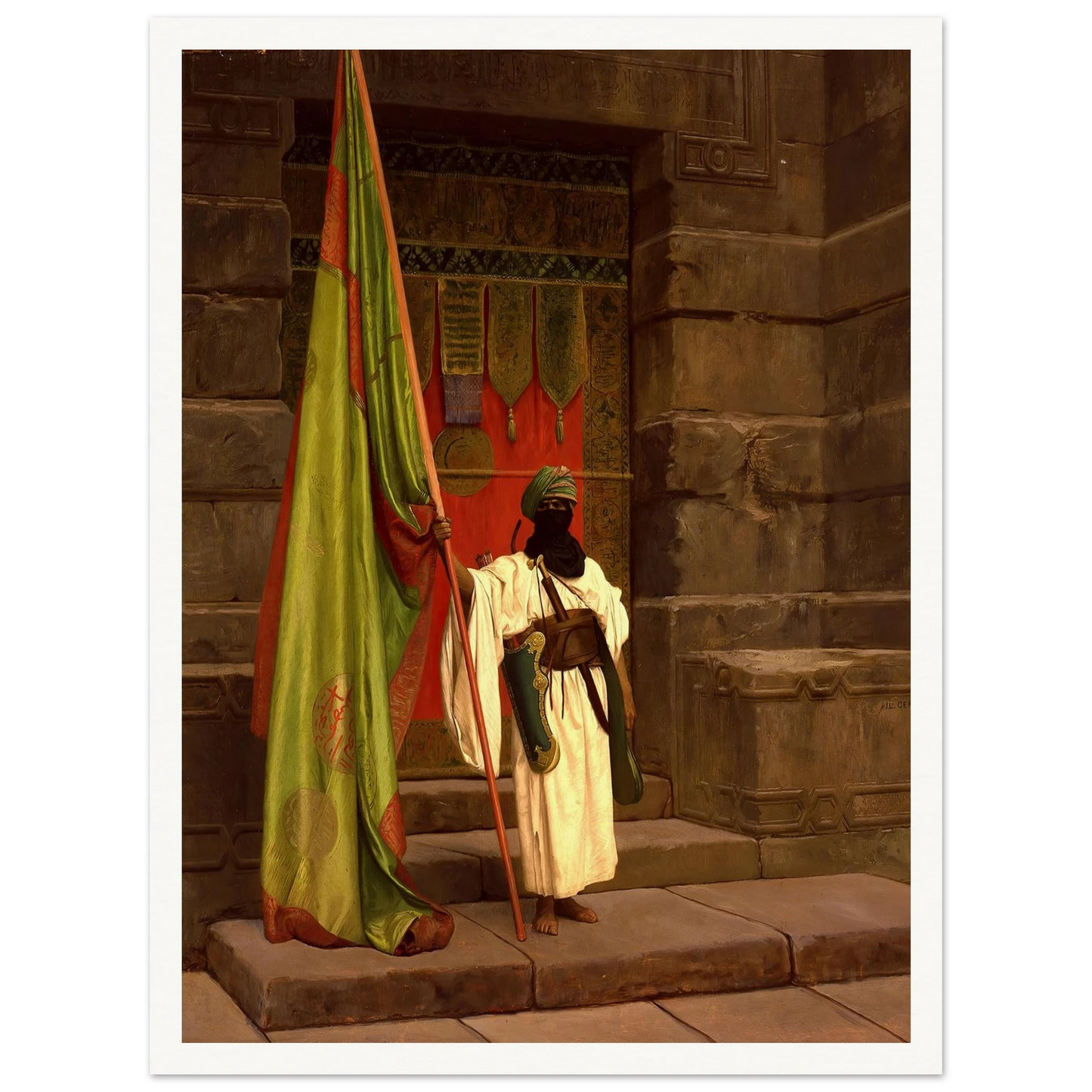 The Standing Bearer, Unfolding The Holy Flag (1876) Art Print | Jean Leon Gerome - Framed Poster - 30x40 cm / 12x16″ - Black frame