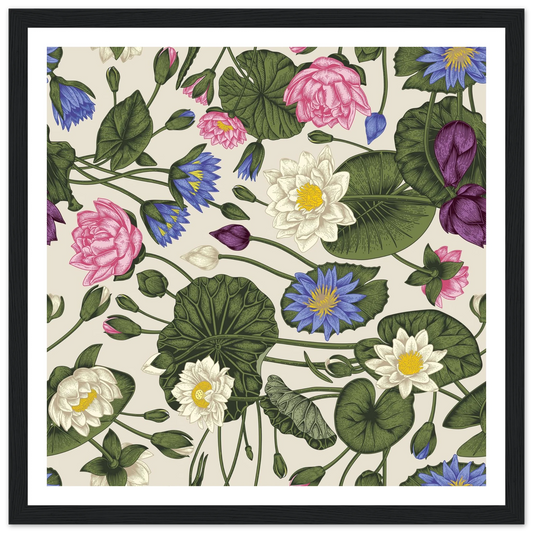 The Water Lily Trellis Art Print | William Morris Inspired - Framed Poster - 30x30 cm / 12x12″ - Black frame