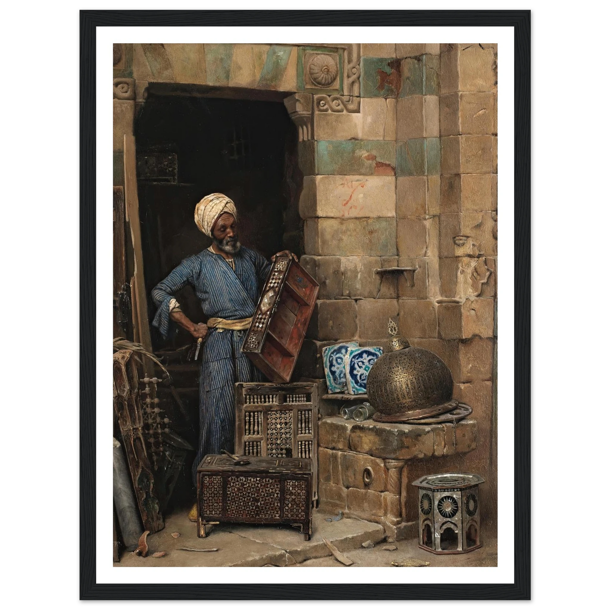 The Woodworker (1884) Art Print | Ludwig Deutsch - Framed Poster - 30x40 cm / 12x16″ - Black frame