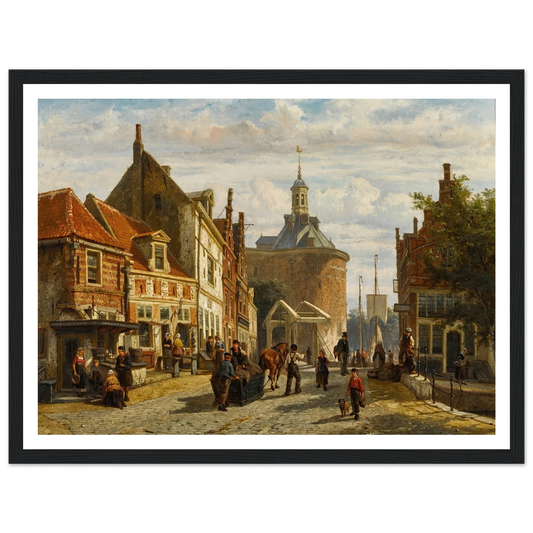 The Zuiderspui with the Drommedaris, Enkhuizen (1866) Art Print | Cornelis Springer - Framed Poster - 30x40 cm / 12x16″ - Black frame