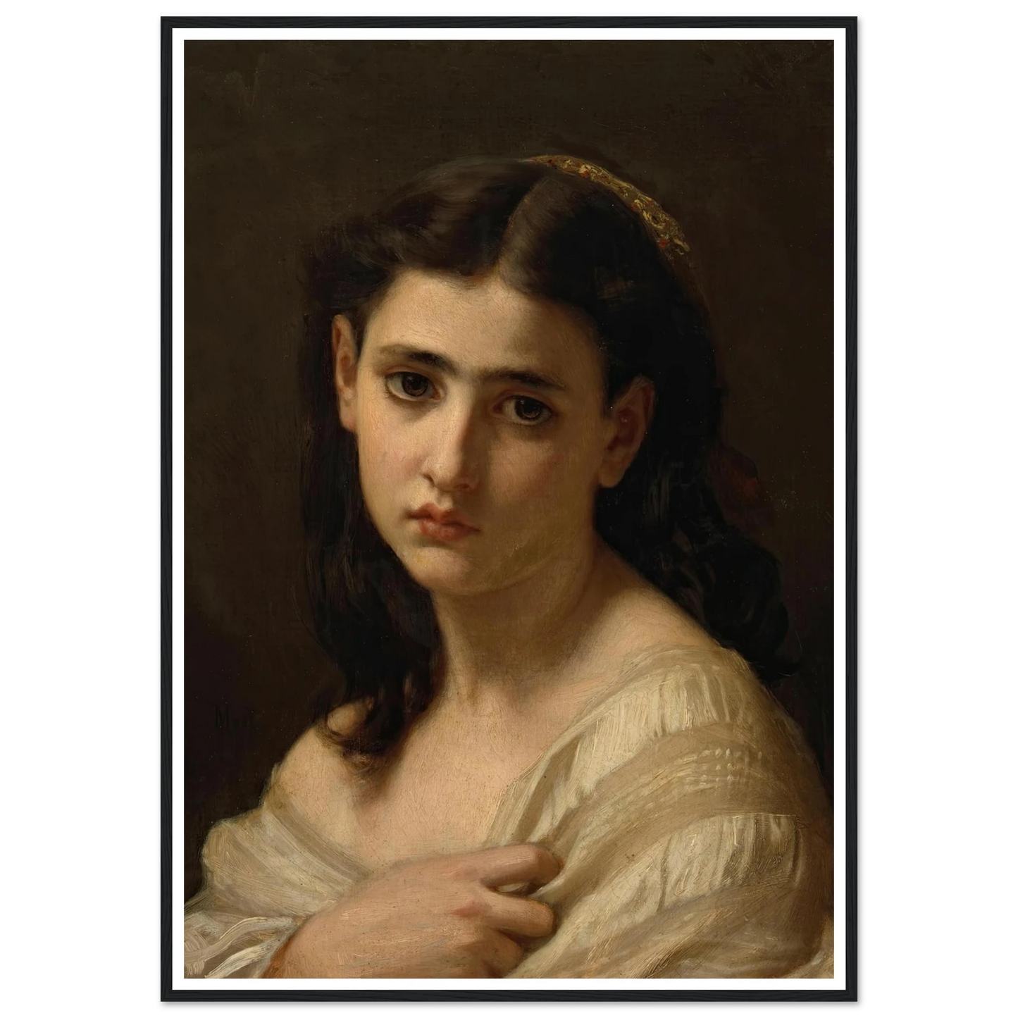 Thoughts far away (1864) Art Print | Hugues Merle - Framed Poster - 30x40 cm / 12x16″ - Black frame