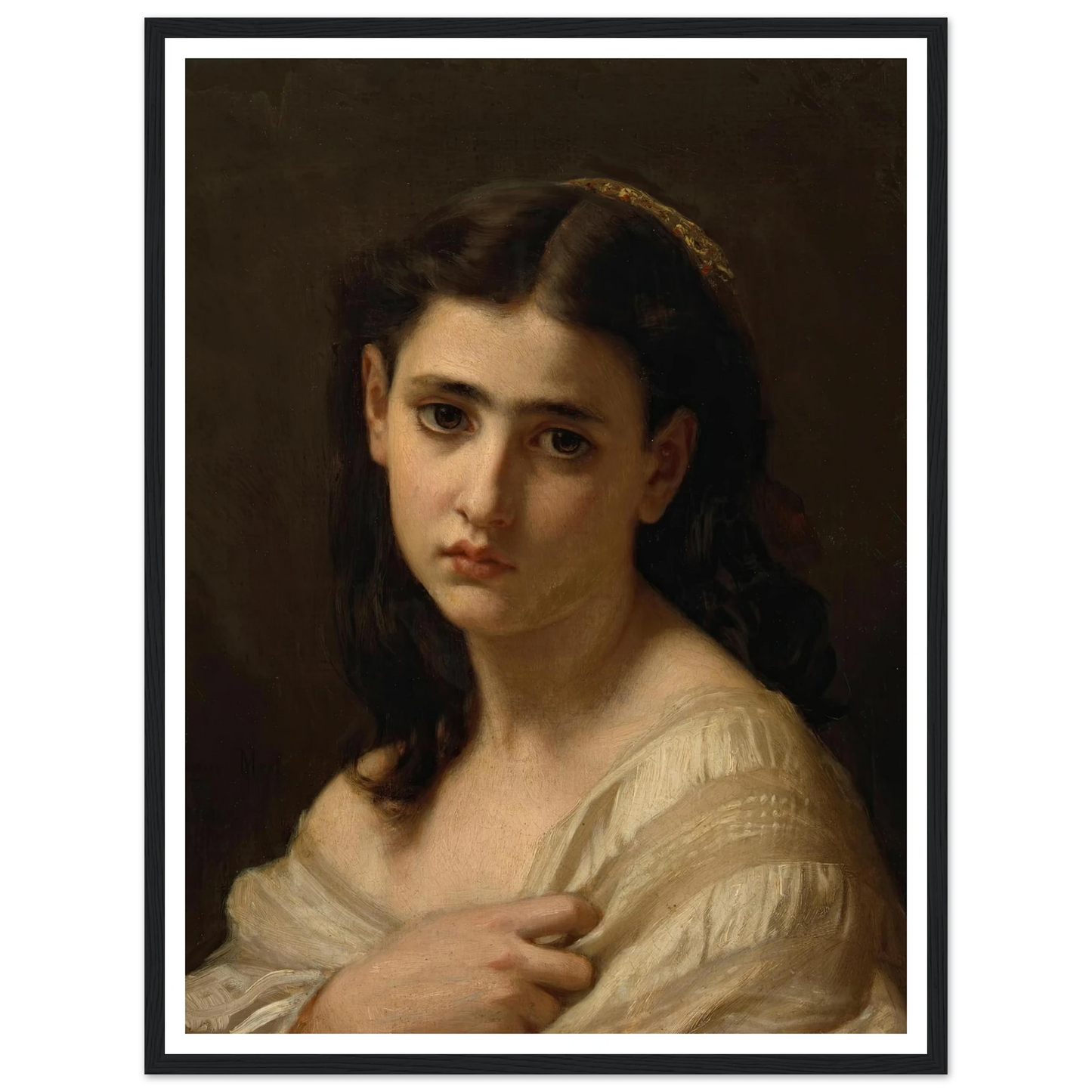 Thoughts far away (1864) Art Print | Hugues Merle - Framed Poster - 30x40 cm / 12x16″ - Black frame