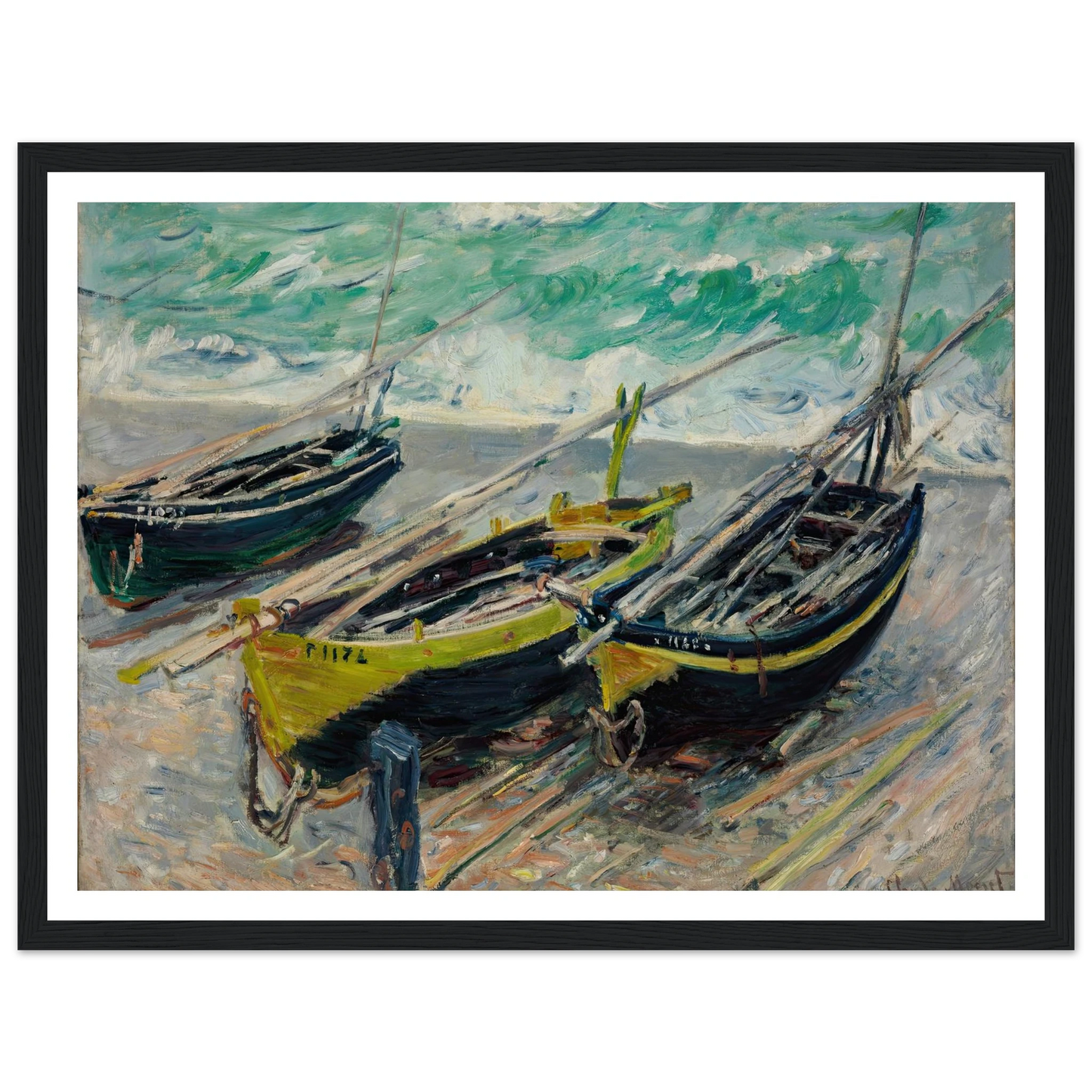 Three Fishing Boats Art Print | Claude Monet - Framed Poster - 30x40 cm / 12x16″ - Black frame